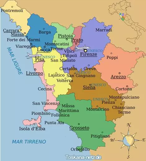Karte von Toskana. Region Toskana - Städte für Romantiker